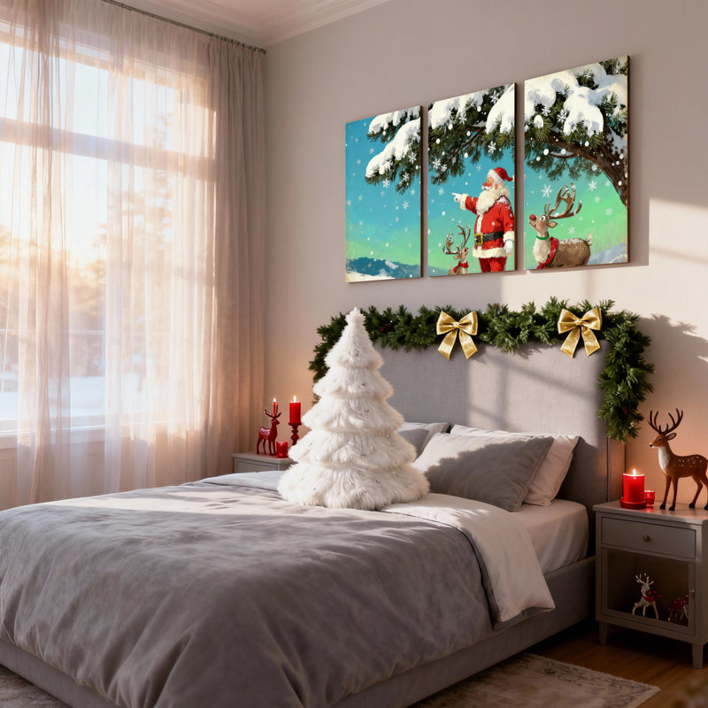 Père Noël de Noël avec renne dans la forêt enneigée, ensemble de 3 impressions sur toile, H 18 po x l 36 po