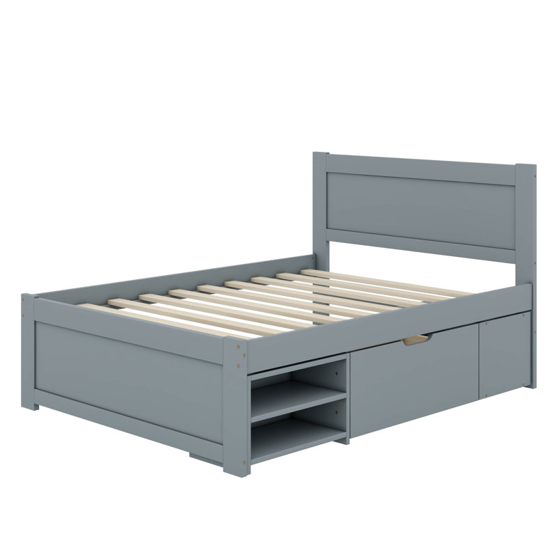 Un lit plateforme avec un tiroir et deux tablettes intégrées, Simple, gris
