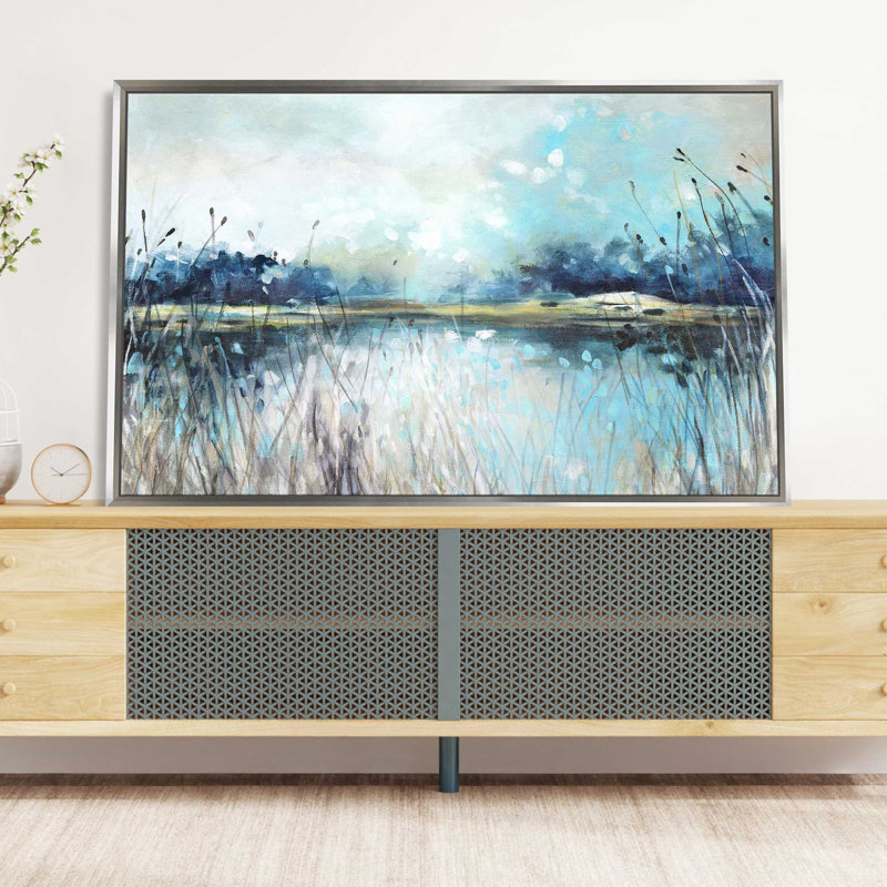 Vue sur le lac - Peinture, L 63,5 po x H 39,5 po, Encadrement argenté