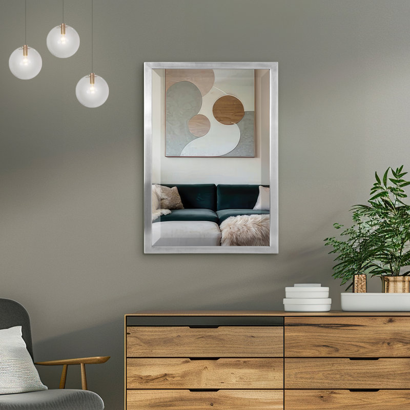 30x24" Brushed Nickel Stainless Steel Framed Beveled Metal Accent Wall Mirror for Bathroom Vanity, 30" H x 24" W