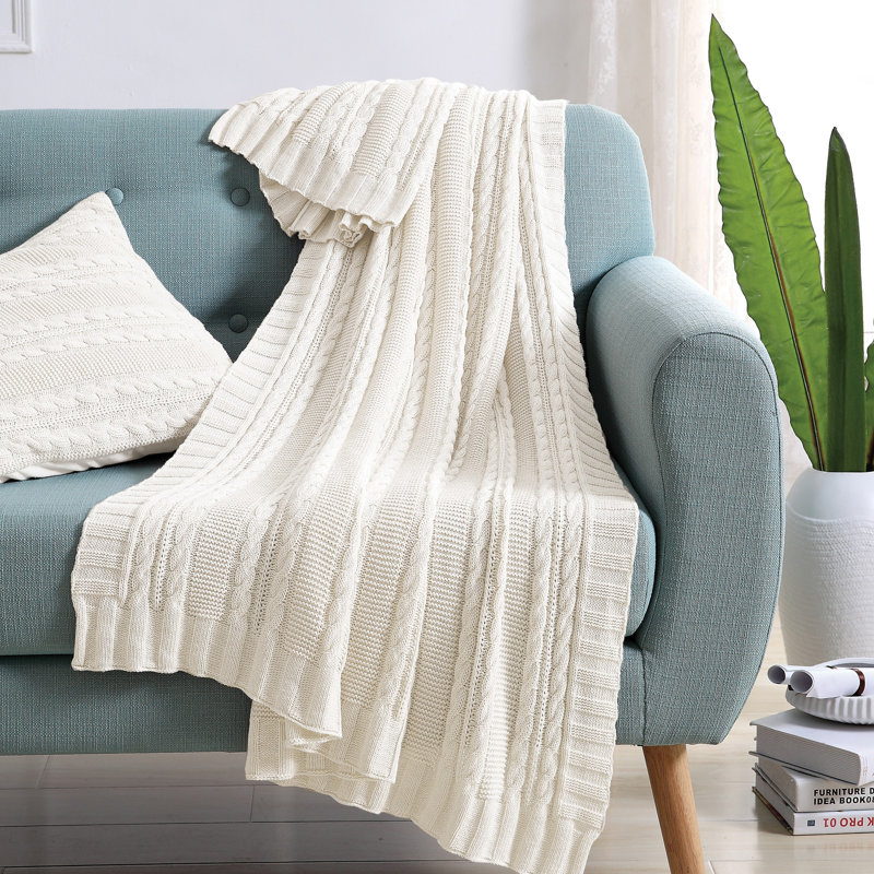 Ivory Cable Knit Cotton Throw Blanket 50" x 70"