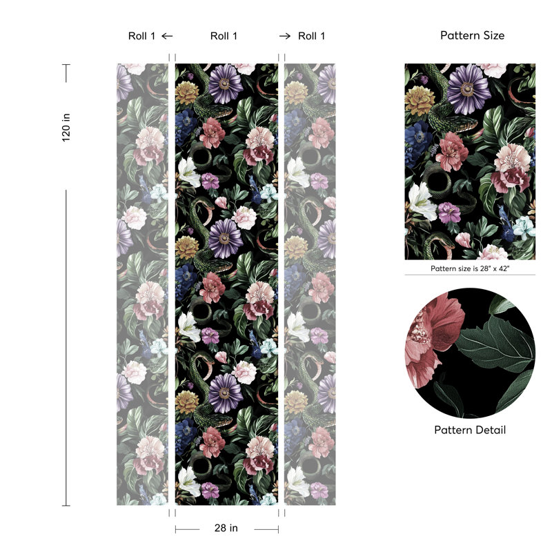 Dark Botanical Snake and Flower Wallpaper Gothic Floral Wall Mural Peel and Stick Roll
