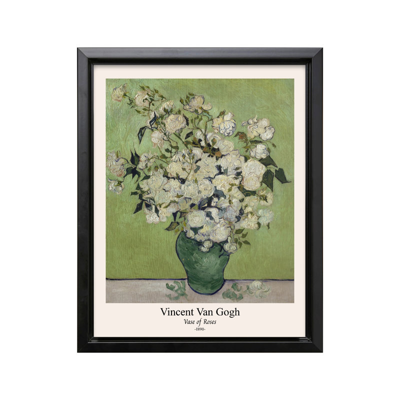 Van Gogh - Vase de roses, Cadre noir, Canevas, H 16 po x l 20 po
