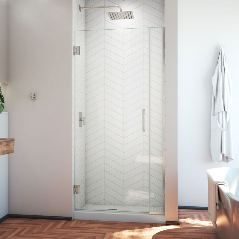 Unidoor Plus 33.5" W x 72" H Pivot Frameless Shower Door with ClearMax™ Technology, Brushed Nickel, Clear Glass