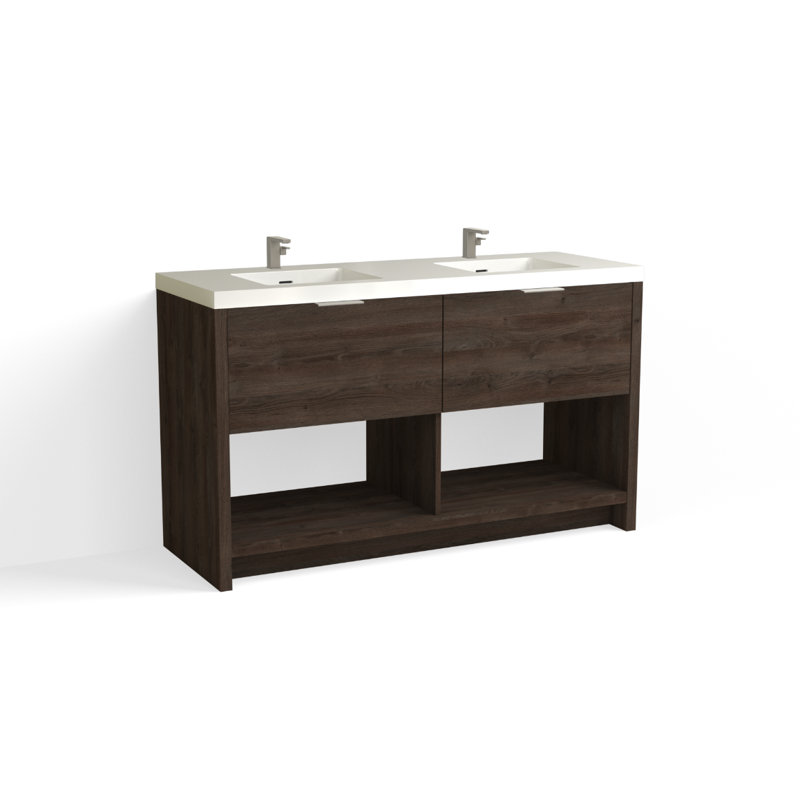 Vista 60" W Freestanding Double Bathroom Vanity, White Gloss, Single-Hole, White Nanomatte/Matte Black