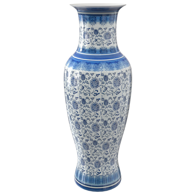 36" Floral Blue & White Porcelain Tung Chi Vase, Blue Floral