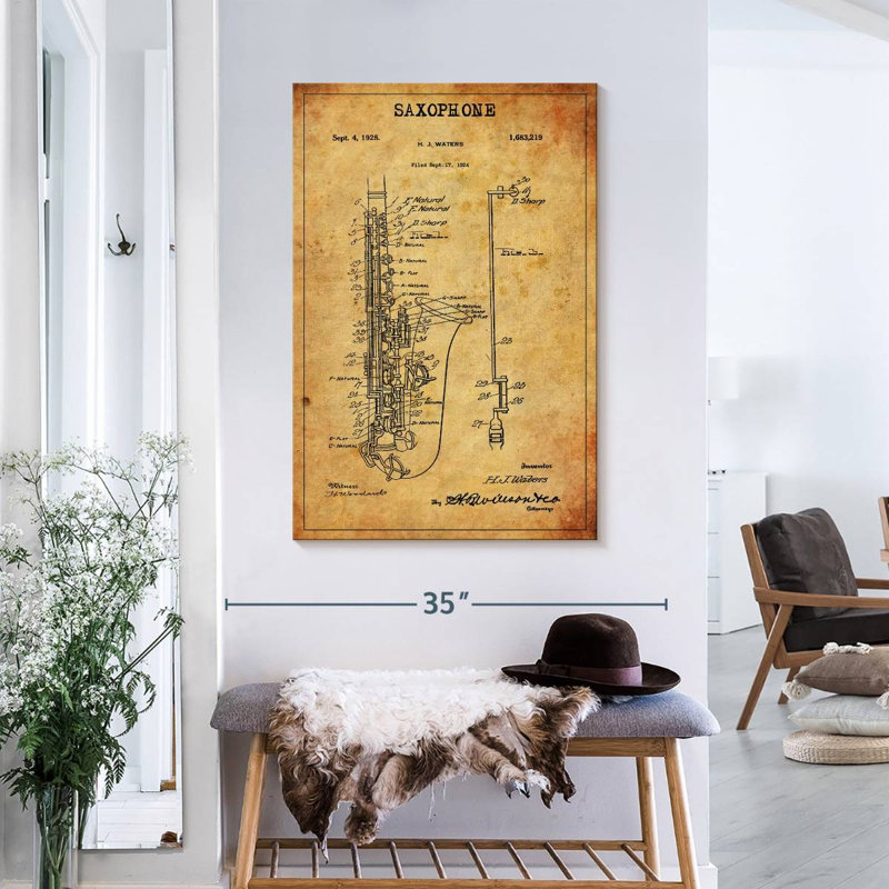 Brevet de saxophone sur toile, H 24 po x l 36 po x P 1,25 po