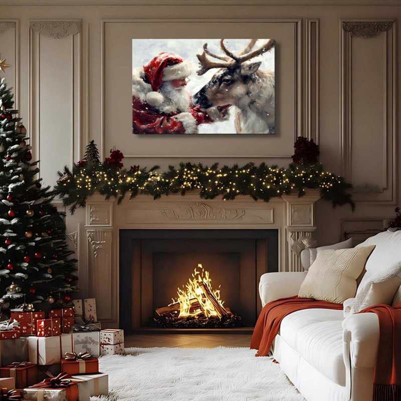 Santa's Reindeer Framed Christmas Canvas Wall Art For Living Room, Winter Pictures Wall Decor Painting Prints For Bedroom, Santa Christmas Gifts, Poster Artwork For Wall Decorations