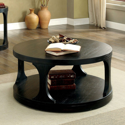 18-Inch High 36-Inch Diameter Round Coffee Table In Transitional Style Made Of Solid Wood With Antique Black Finish And Storage Tall Shelf Space