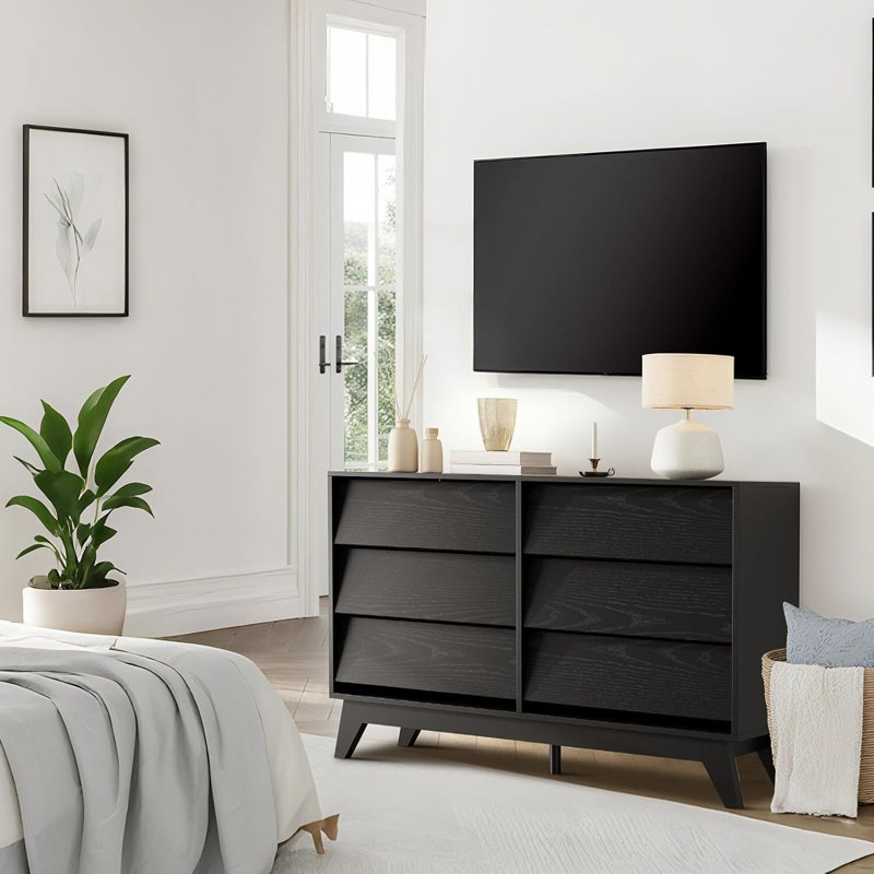 6-Drawer Black Vintage Bevel Dresser, TV Stand for Entryway/Closet