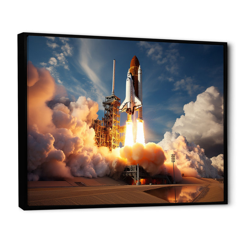 Lancement de la Navette spatiale Rayva II sur toile, H 24 po x l 32 po x P 1 po, Cadre flottant noir