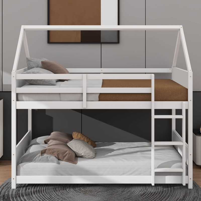 Twin-Over-Twin House-Style Floor Bunk Bed With Headboards And Footboards, White