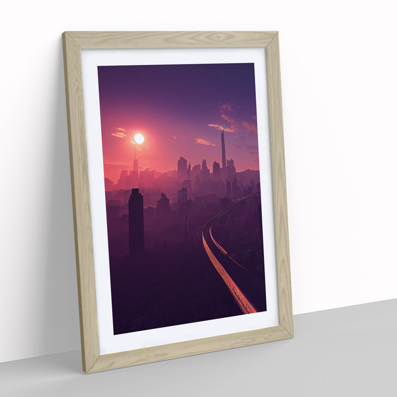 City Skyline at Dusk 1 Piece Single Picture Frame Wall Art, 46cm H x 34cm W x 2cm D, Oak