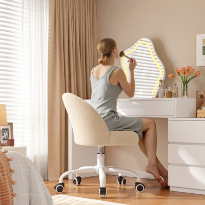 Armless Office Desk Chair With Wheels, Soft Lumbar Support Vanity Chair For Small Space,Bedroom, Height Adjustable