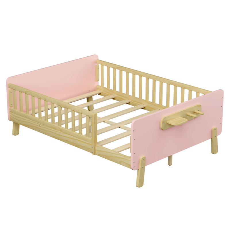 Lit d'enfant standard, lit plateforme en bois avec tête et pied de lit, rose
