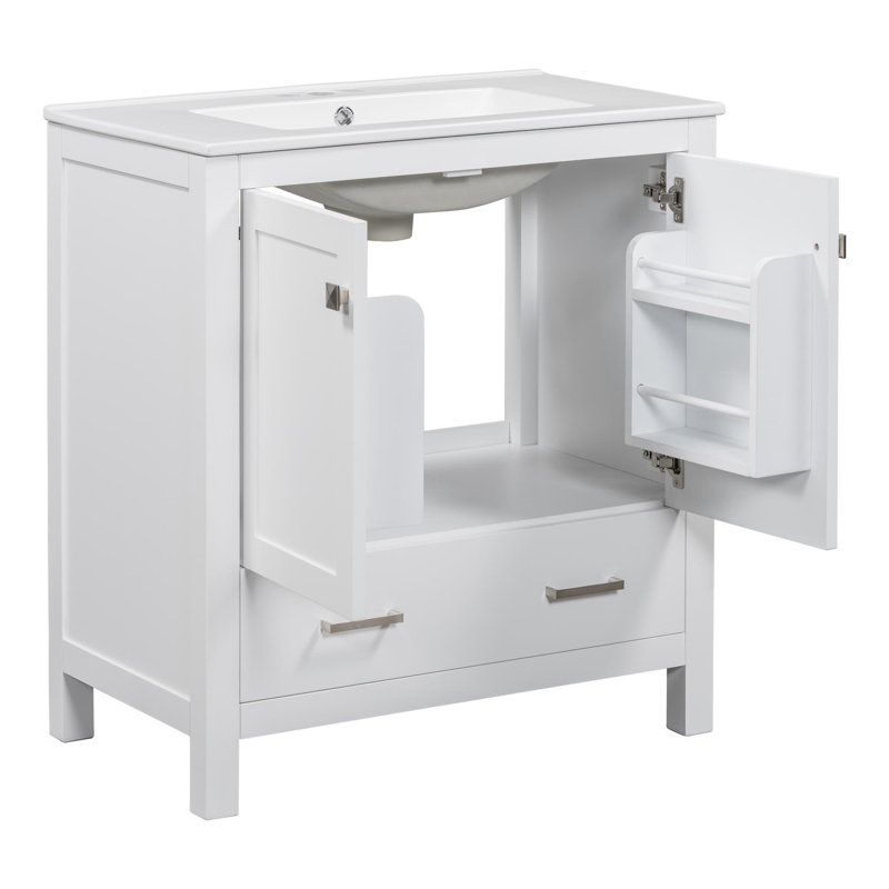 30" Modern Simple Design Bathroom Vanity, White, Silver