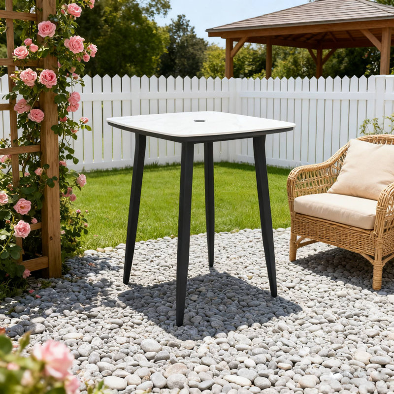 35.4" Outdoor Bar Table with Greek White Sintered Stone Top, Aluminum Frame, Umbrella Hole, and Tapered Legs
