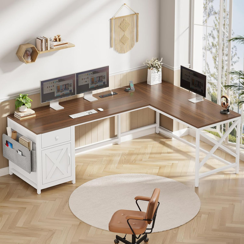 Josphua 63" L Shaped Desk Convertible Corner Office Desk With Drawer Farmhouse Computer Desk, Brown/White