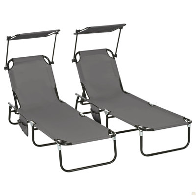 Folding Chaise Lounge Pool Chairs, Outdoor Sun Tanning Chairs With Canopy Shade, Reclining Back, Steel Frame And Side Pocket For Beach, Yard, Patio, Dark Gray