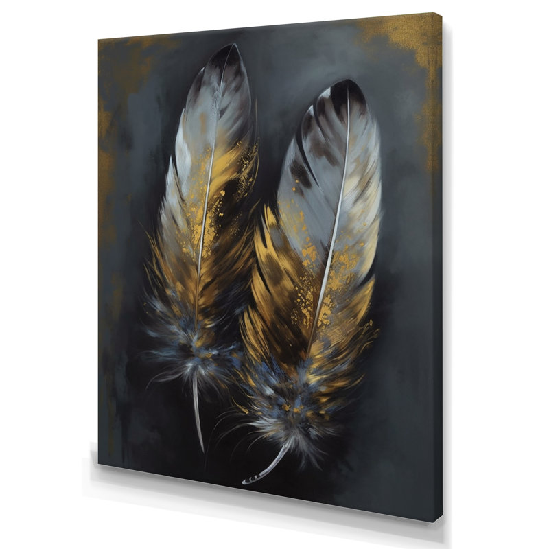 «Roumena Gold Boho Chic Feathers I», reproduction sur toile, H 40 po x l 30 po x P 1,5 po, Toile tendue
