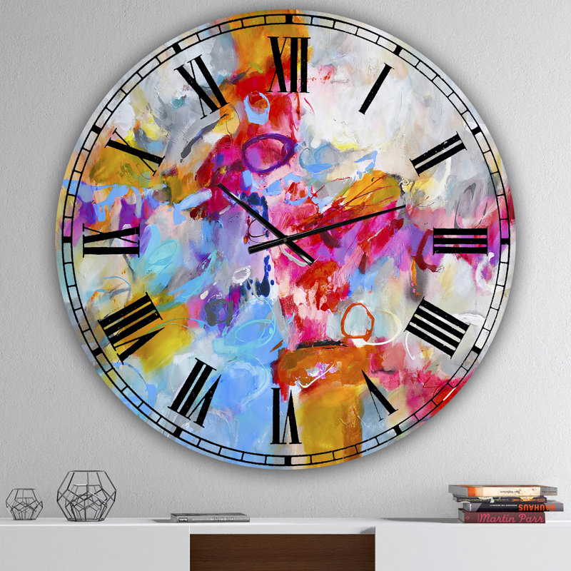 Horloge murale moderne surdimensionnée bleue et jaune Spatters IV, Moyen