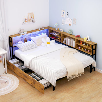 Full Size Corner Bed With Storage Bookcase Headboard, Led , Charging Station And Under - Drawers, Ideal For Small Bedrooms, Brown Metal Wood Daybed Frame Built In Storage, Ambient Station, Space