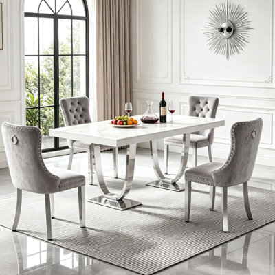 Ensemble de table de salle à manger 70,87 "de luxe moderne en faux marbre pour 4, ensemble de table de cuisine 5 pièces avec base unique en acier inoxydable en forme d'anneau double et 4 chaises de salle à manger rembourrées en velours noir, plateau d