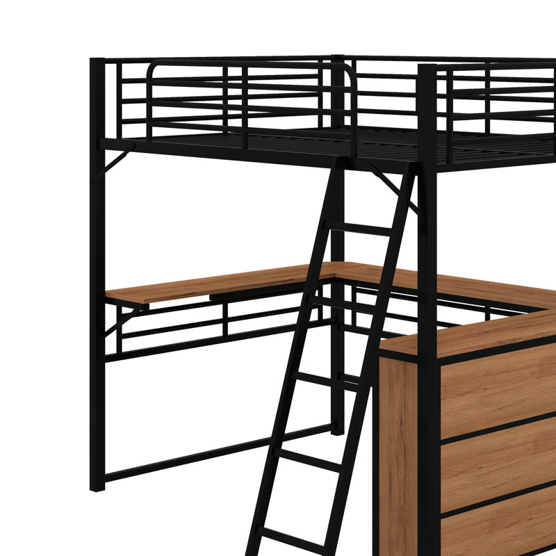 Full Size Metal Loft Bed With 3 Layers Of Shelves And L-Shaped Desk, Black