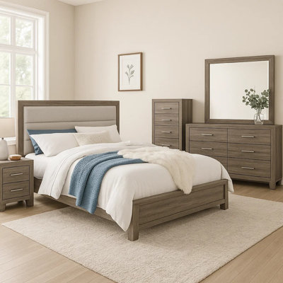 Ensemble de chambre avec grand lit 5 pièces Reay, tapissier, brun gris