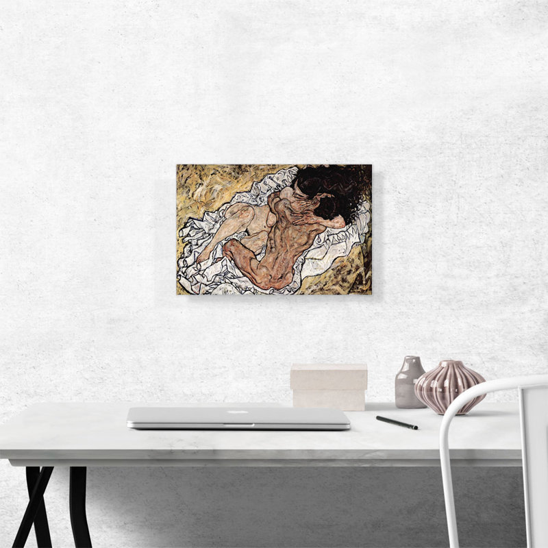 Reproduction d'art sur toile tendue "The Embrace the Love" par Egon Schiele, H 12 po x l 18 po x 1,5 po