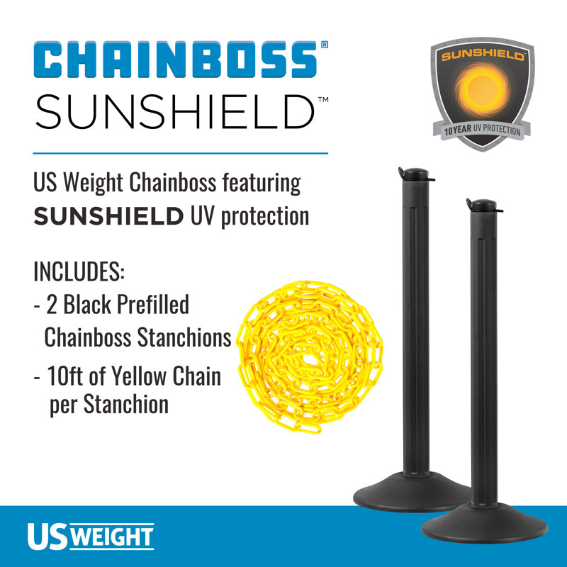 ChainBoss Black Safety Stanchion with 10' of Yellow Plastic Chain ft. – Weighted Base, Black, Yellow