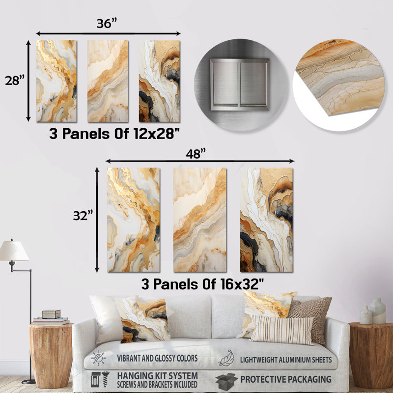 Or et blanc rivière de marbre - ensemble de 3 reproductions d'art mural en métal, H 32 po x l 48 po