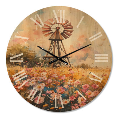  Horloge murale nature en bois rustique - Moulin à vent de campagne dans un champ de fleurs sauvages