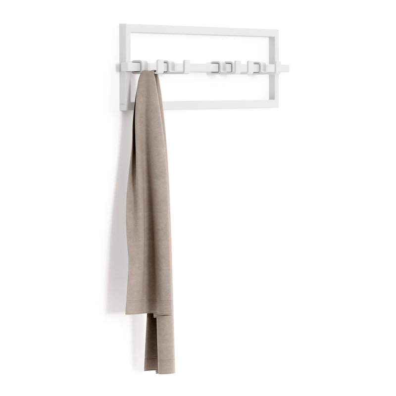 White Steel Wall-Mounted Hook Rail with 5 Adjustable Hooks