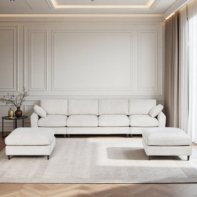 Modern Corduroy Modular Section Sofa, U-Shaped Convertible L-Shaped Sofa Set With Pillow, Oversized Sectional Sofa With Footstool, Suitable For Living Room, Attic, Apartment, Office - White 6 Seat