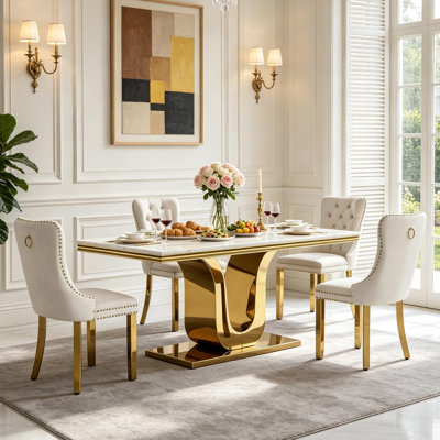 Ensemble de salle à manger de luxe en faux marbre de 173 cm pour 4 personnes avec chaises rembourrées, ensemble de table de cuisine 5 pièces, table à pied centrale en acier doré en forme de U
