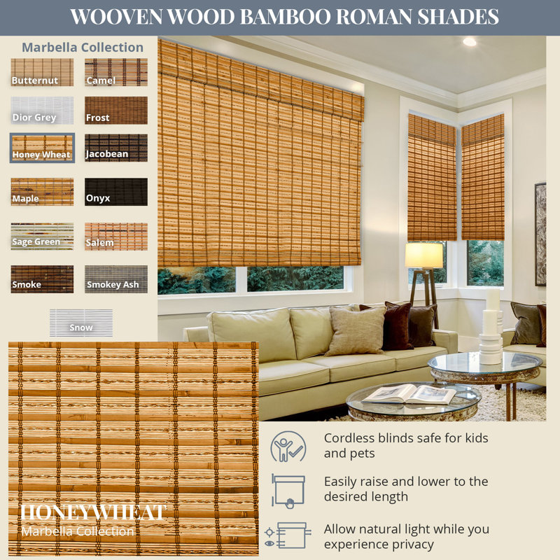 Natural Woven Light Filtering Cordless Bamboo Roman Shades, 58"W x 36"L