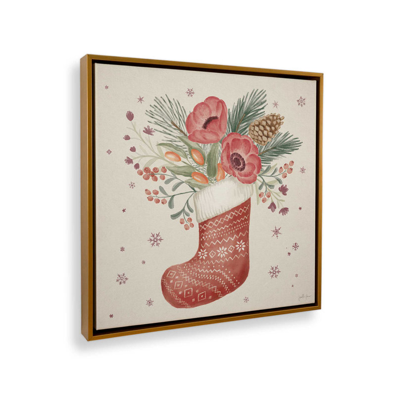 Impression de bas de Noël rétro sur toile tendue, Cadre doré, H 12,75 po x l 12,75 po x P 1,75 po