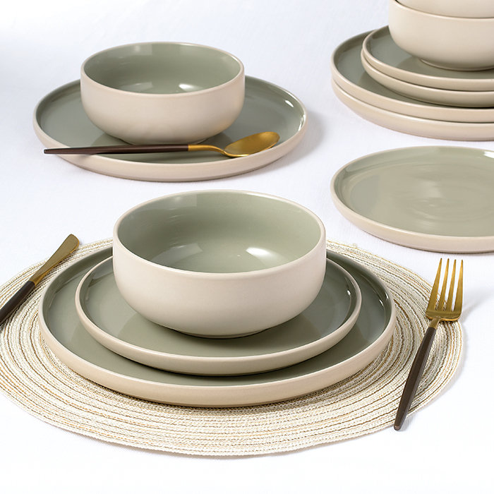 Waterside 12pc 2 Tone Matt & Shiny Stoneware Dinner Set, Cream/Green