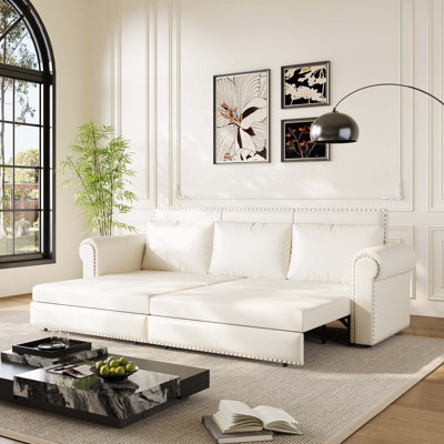 Chesterfield Sofa,93.7" King Pull Out Sofa Bed,3-in-1 Faux Leather Convertible Sleeper Sofa with Nailhead Trim & Rolled Arm,Multi-Functional Sofa Bed for Living Room,Bedroom