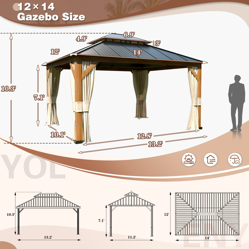 14 Ft. W x 12 Ft. D Metal Patio Gazebo,  Ultra-Thick Columns and Beams, Metal Canopy with Wood Grain Aluminum Frame