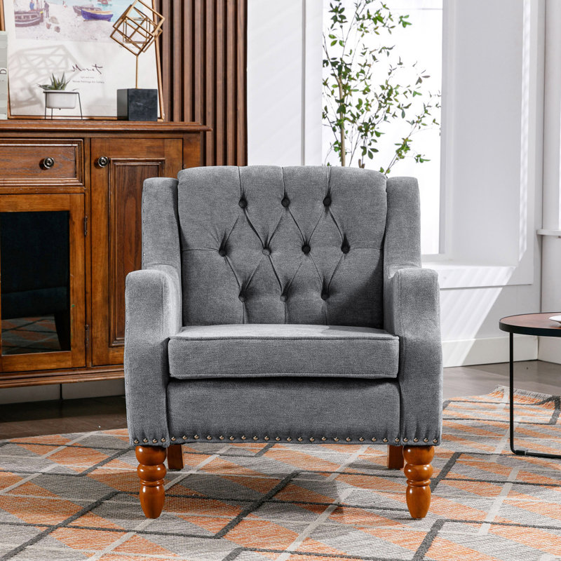 Chaise de salon Comfy - Accent gris avec pieds et coussins moelleux avec dossier en bois massif