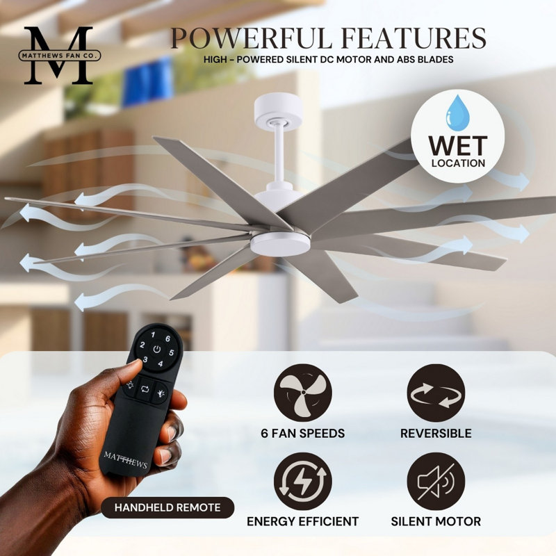 Ariella - Eight Blade Ceiling Fan - Brushed Brass Finish - Matte Black Blades, Matte White, Brushed Nickel