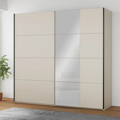 Cezary 2 Door Mirrored Sliding Wardrobe with 5 Shelves in Sand, 220 cm