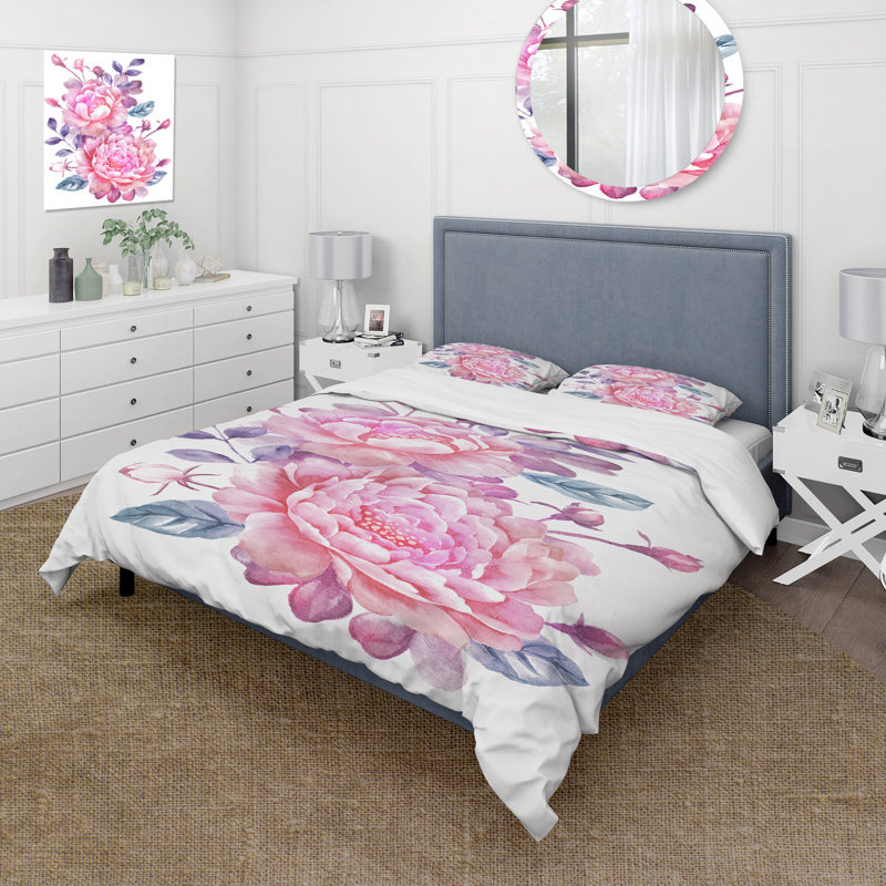 Fleurs roses rétro avec feuilles bleues - ensemble de housse de couette traditionnel - microfibre de polyester