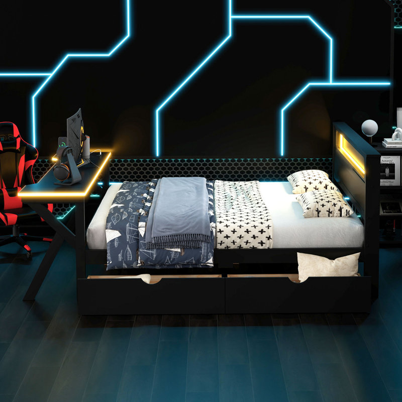 Platform Bed In Gaming Style With With Led Headboard, Led Desk, Charging Station  And 2 Drawers, Full / Double