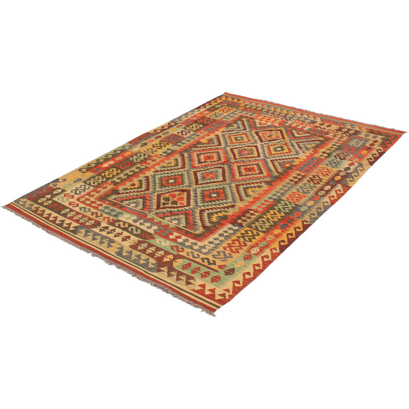 Tapis crème/rouge foncé/vert clair fait main kilim geometric Bianco