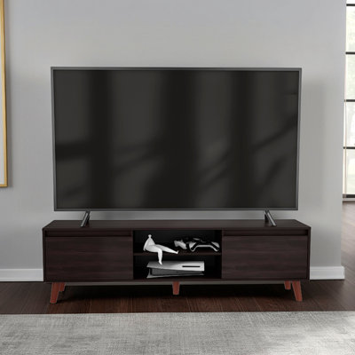 Meuble télé pour téléviseur de 75 po ou moins, console de divertissement moderne avec armoires et tablettes ouvertes