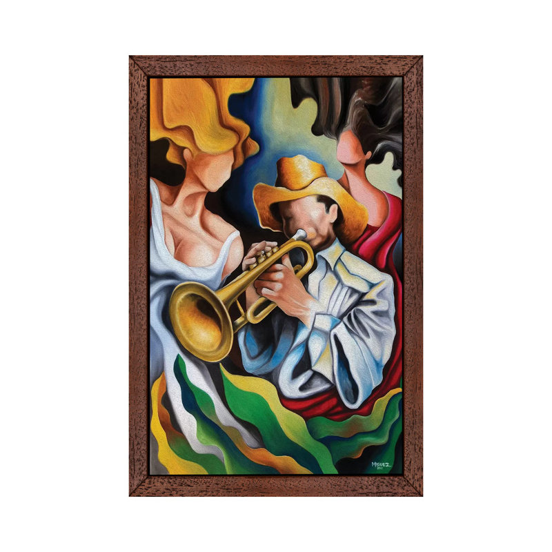 The Trumpet's Muses - Painting on Canvas, 101.6 cm H x 66.04 cm W, Brown Floater Framed