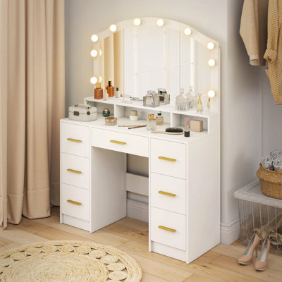 Meuble-lavabo avec miroir de maquillage lumineux et 7 tiroirs blanc
